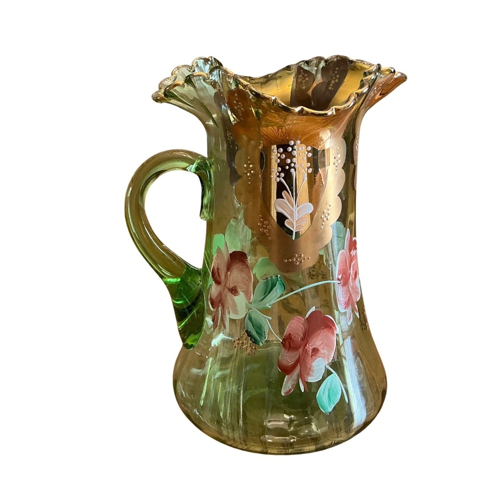 Vintage Bohemian Green Glass Pitcher & 6 Glasses Hand Painted Floral Gold Set - Picture 6 of 16